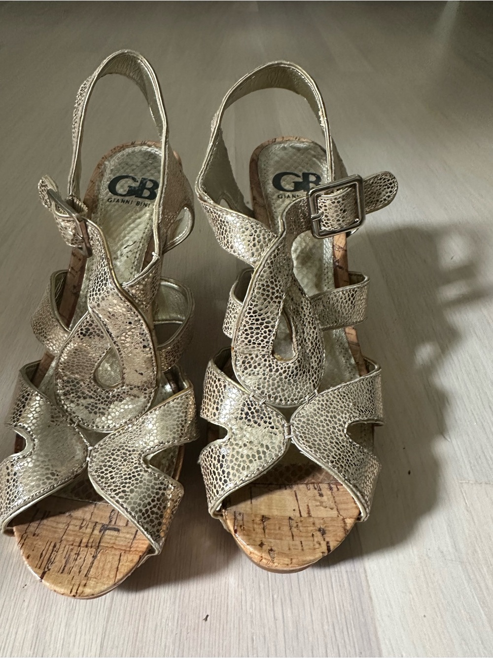 Gianni Bini Metallic Gold Textured Cork Wedge Sandals
